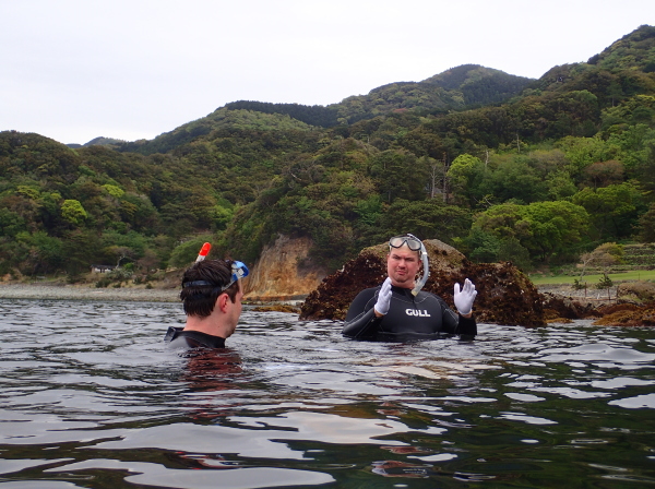 西伊豆・黄金崎の海でアメフラシの大きさに驚く海洋学者のゲスト様
