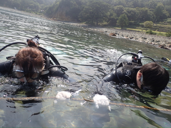 インストラクターと足の着く浅瀬でゆっくり水慣れをする様子