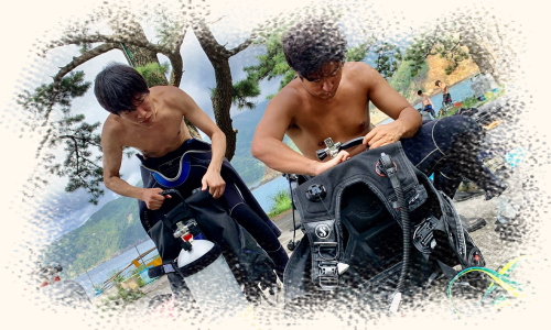 黄金崎でのダイビング講習の様子